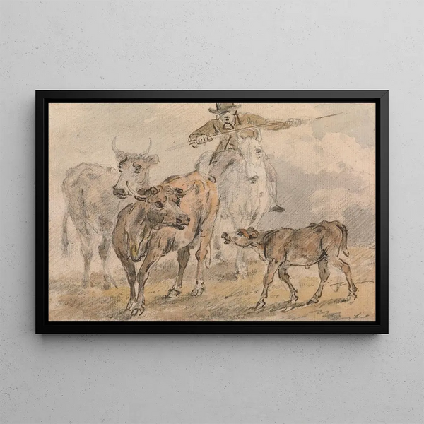 Sawrey Gilpin - Man on a horse hearding two cows and a calf.webp