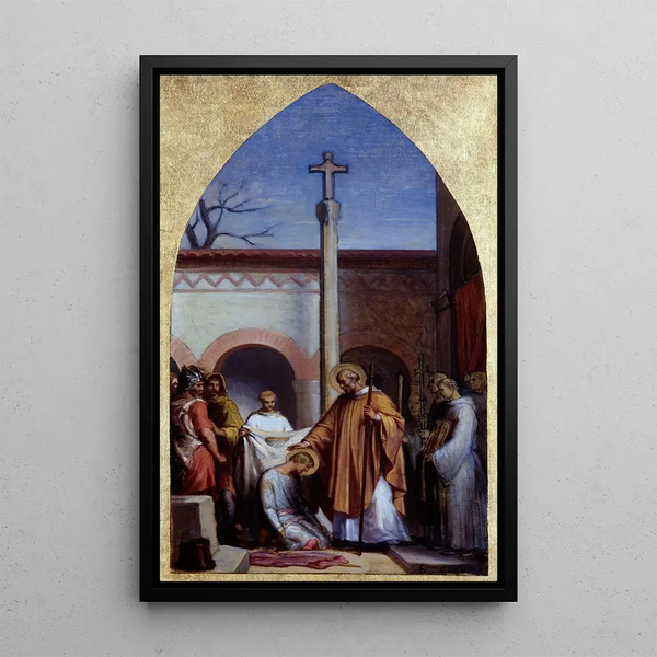 Saint Séverin den eremiten, der giver klosterhabit til Saint Cloud - Sébastien Melchior Cornu — indrammet kunstværk på væggen