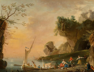 School Of Charles Franois Lacroix - A Mediterranean coastal landscape with boats and figures.webp
