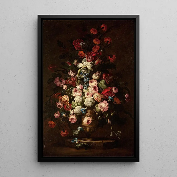 Bouquet floral elaboré dans un vase sur pied - Ecole de Bartolomeo Bimbi — indrammet kunstværk på væggen