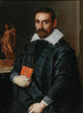 Portrait af en herre i trekvart, der holder en bog med en statue i baggrunden - Bergamo-skolen — visning af kunstværket