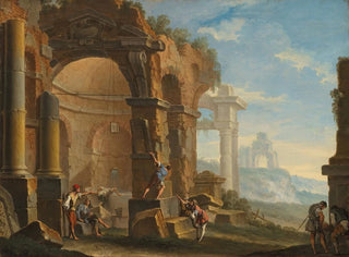 Sebastiano Ricci - A capriccio with figures conversing by classical ruins.webp