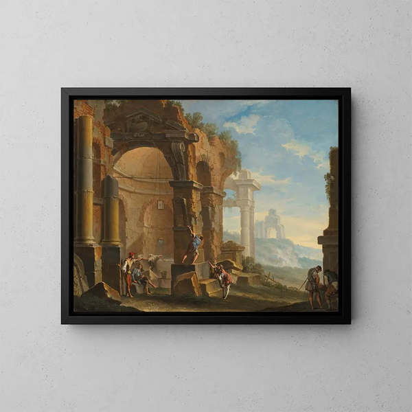 En caprice med figurer, der taler blandt klassiske ruiner - Sebastiano Ricci — indrammet kunstværk på væggen
