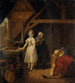 et maleri af en servante, der syer en dame i en korset - Constantinus Fidelio Coene — visning af kunstværket