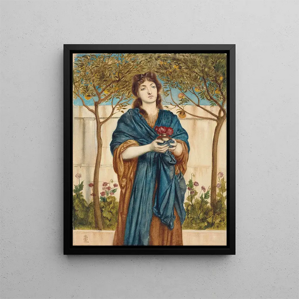 En præstinde for Diane, der tilbyder valmuer - Simeon Solomon — indrammet kunstværk på væggen