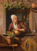 En bonde, der vander en blomsterpotte på et træbord med udsigt fra indersiden af hendes hus i baggrunden - Simon Besanger — visning af kunstværket