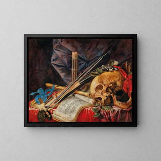 Simon Renard de SaintAndr - A Vanitas still life with a viol a clarinet a skull a sheet of music and a candle.webp