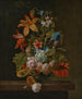 Tulipaner, roser, iris og forskellige blomster i en glasvase på en stenrand - Simon Verelst — visning af kunstværket