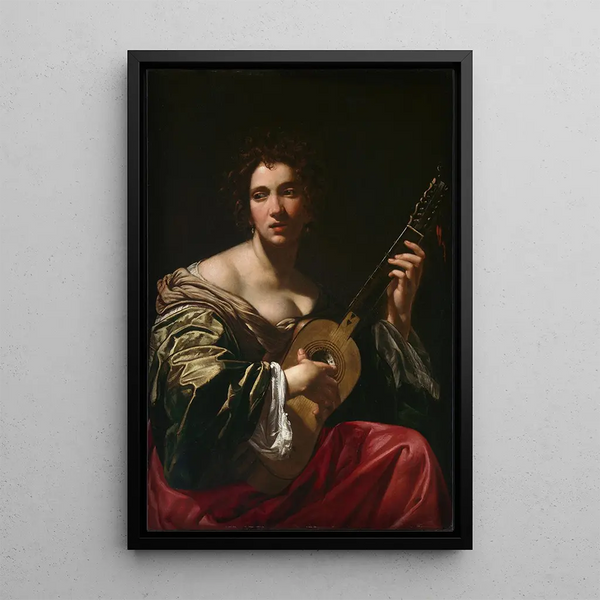 Kvinde, der spiller guitar - Simon Vouet — indrammet kunstværk på væggen