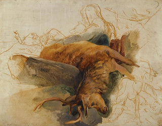Sir Edwin Henry Landseer - A Dead Stag With Sketched Figures Of A Ghillie And Hounds.webp