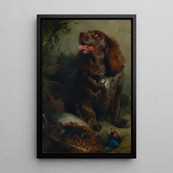 En Sussex spaniel og en fasan - Sir Edwin Henry Landseer — indrammet kunstværk på væggen