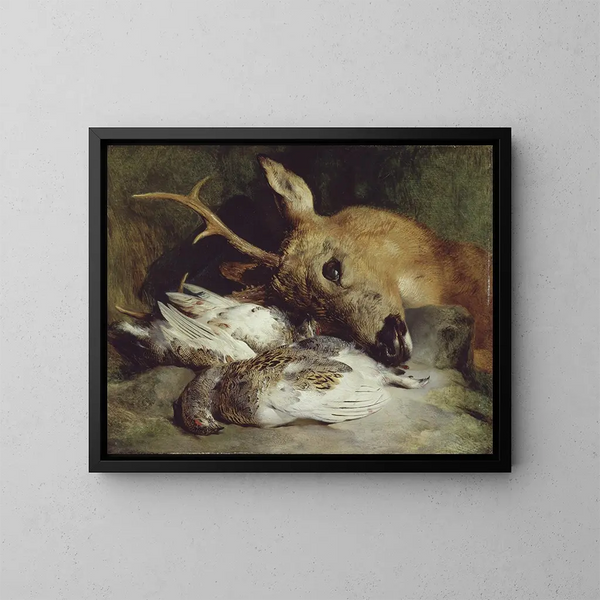 Tête de chevreuil og to lagopeder - Sir Edwin Henry Landseer — indrammet kunstværk på væggen