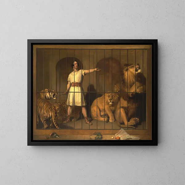 Portrait af M. Van Amburgh, som det så ud med sine dyr i de londonske teatre - Sir Edwin Henry Landseer — indrammet kunstværk på væggen