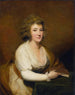 Portrait af Lady Nasmyth i hvid kjole og brun sjal, siddende ved et bord med en bog - Sir Henry Raeburn — visning af kunstværket