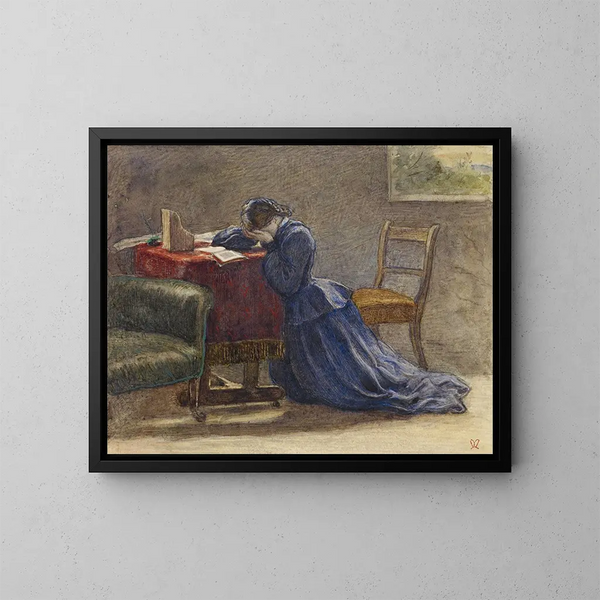 En kvinde, der holder sit ansigt i begge hænder, knælende på tæppet - Sir John Everett Millais — indrammet kunstværk på væggen