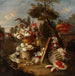 Somptueux blomster- og frugtstilleben i et stort landskab - Francesco Lavagna — vist i et interiør