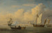 En galion med anker med to fiskebåde nær kysten - Atelier af Willem van de Velde II — visning af kunstværket