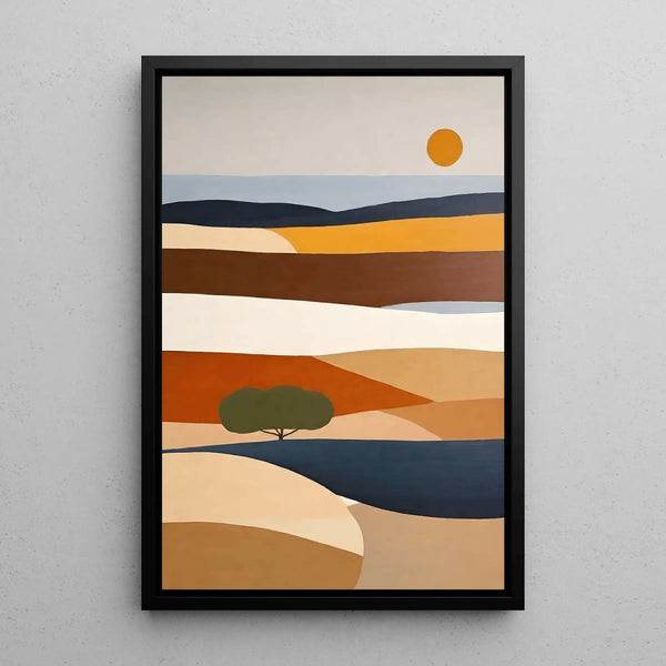 Tableau Coloré – Soleil d’Argile | Affiche Paysage Stylisé Terre Cuite et Tons Naturels | Déco Bohème pour Salon ou Chambre