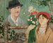 Idylle nær en indhegning, selvportræt af pige med blomster og en hund - Tadeusz Makowski — visning af kunstværket