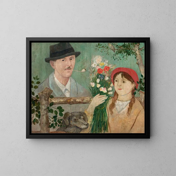 Idylle nær en indhegning, selvportræt af pige med blomster og en hund - Tadeusz Makowski — indrammet kunstværk på væggen