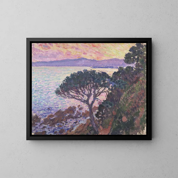 parasolpind nær Middelhavet ved solnedgang - Theo van Rysselberghe — indrammet kunstværk på væggen