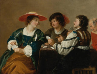 Theodoor Rombouts - A woman and three men seated around a table playing cards.webp