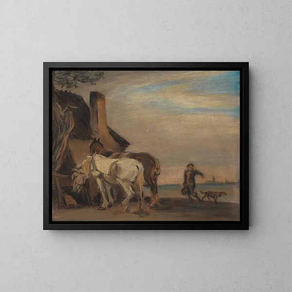 Karl, der bringer vand til to heste, kopi af et maleri af Paulus Potter i Louvre - Theodor Philipsen — indrammet kunstværk på væggen