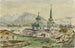 Vue bagfra af den græske kirke Sitka 1888 - Theodore J. Richardson — visning af kunstværket
