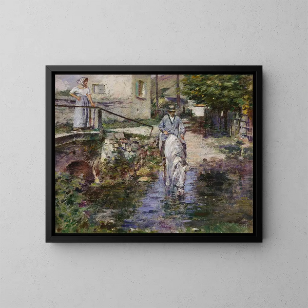 Pré Trognon og hans datter ved broen - Theodore Robinson — indrammet kunstværk på væggen