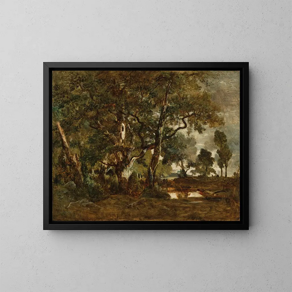 Fontainebleau-skoven, gruppe af store træer, der rager ud over Clairbois-plateauet ved Ba - Théodore Rousseau — indrammet kunstværk på væggen