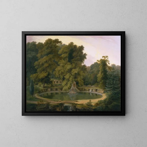 Fontaine og grotte af templet i Sezincote-parken - Thomas Daniell — indrammet kunstværk på væggen