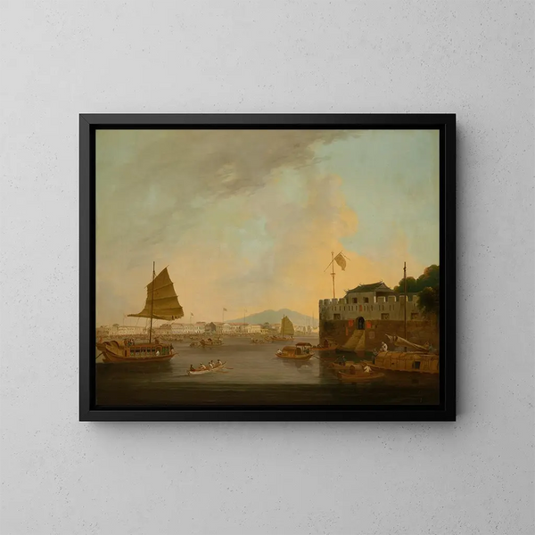 De europæiske fabrikker og den hollandske galskab ved Fort Canton fra sydvest for Canton-floden - Thomas Daniell — indrammet kunstværk på væggen