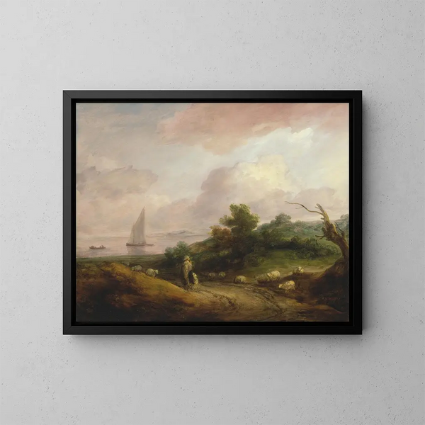 Landskab med kystlinje med en hyrde og hans flok - Thomas Gainsborough — indrammet kunstværk på væggen