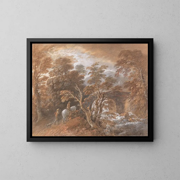 Landskabeligt maleri med kuperet landskab og figurer nærmer sig en bro - Thomas Gainsborough — indrammet kunstværk på væggen