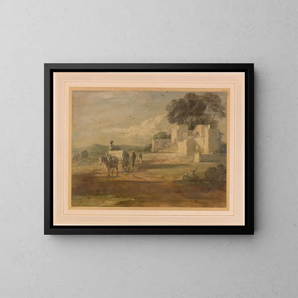 Landskabsmaleri med hest, vogn og ruin - Thomas Gainsborough — indrammet kunstværk på væggen
