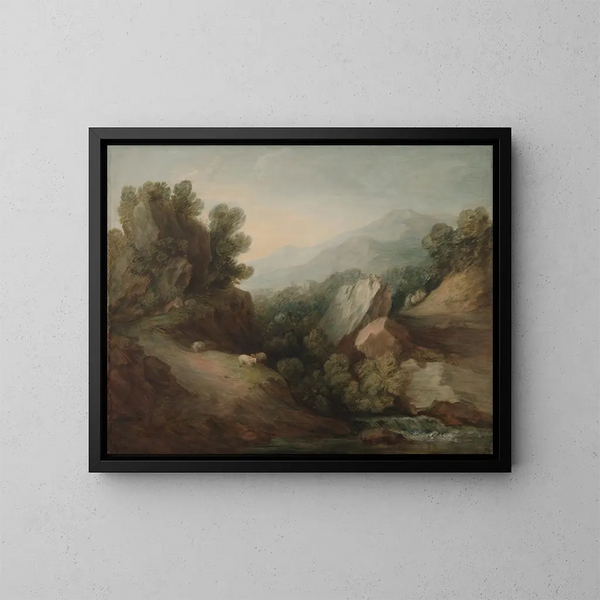 Landskab med træer, klippeformationer, en dal og en vandafløb - Thomas Gainsborough — indrammet kunstværk på væggen