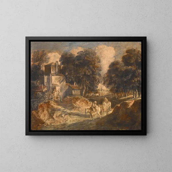 Landskab med træer med bønder til hest - Thomas Gainsborough — indrammet kunstværk på væggen