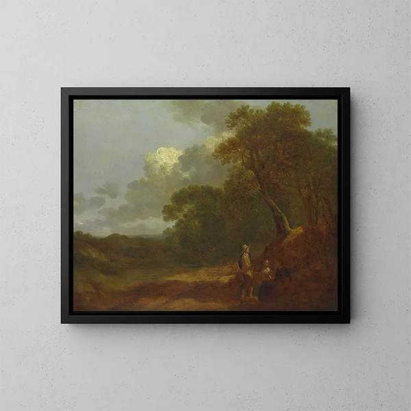 Landskab med træer med en mand, der taler til to kvinder, der sidder - Thomas Gainsborough — indrammet kunstværk på væggen