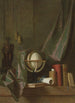 En globus, bøger og en statuette på en hylde i et indre dækket af et gardin - Thomas Germain Joseph Duvivier — visning af kunstværket