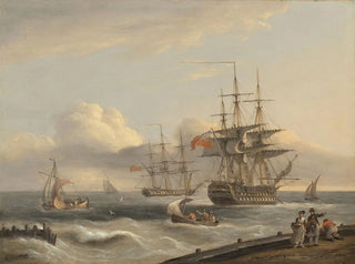 Thomas Luny - A British 74 unfurling its sails as it prepares to leave the anchorage with a frigate and various coastal craft beyond.webp