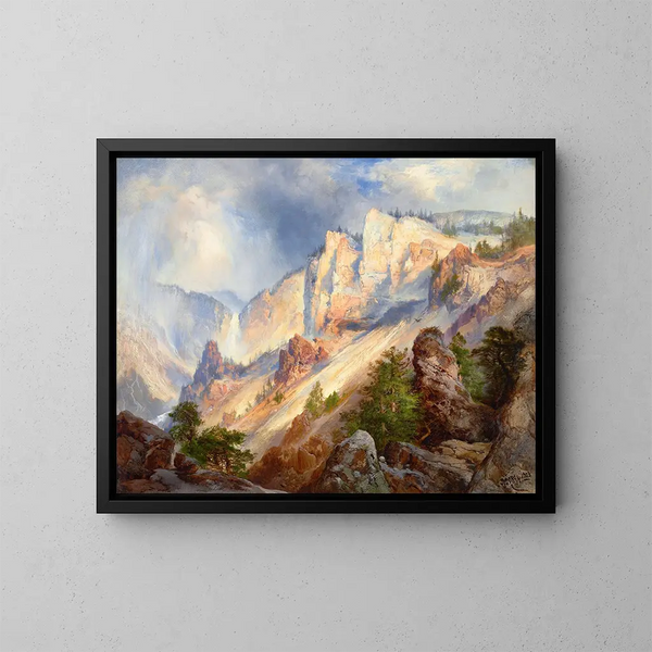 Et kortvarigt regnskyl i Yellowstone-kløften - Thomas Moran — indrammet kunstværk på væggen