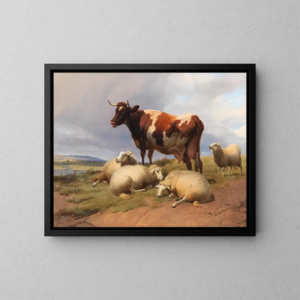 Bétail og får på en mark i et stort landskab - Thomas Sidney Cooper — indrammet kunstværk på væggen