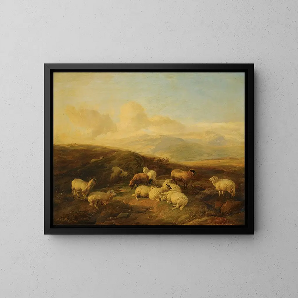 Moutons dans un paysage de lande - Thomas Sidney Cooper — indrammet kunstværk på væggen