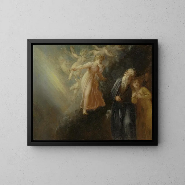 Prospero, Miranda og Ariel i La Tempête, akt I, scene II - Thomas Stothard — indrammet kunstværk på væggen