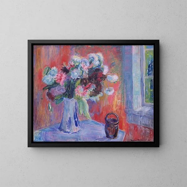 Vase de fleurs dans un intérieur rouge - Thorvald Erichsen — indrammet kunstværk på væggen
