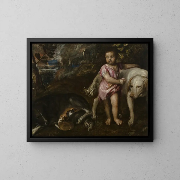 Dreng med hunde i et landskab - Titian — indrammet kunstværk på væggen