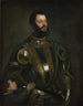 Portrait af Alfonso d'Avalos, markiz del Vasto i rustning med page - Titien — visning af kunstværket