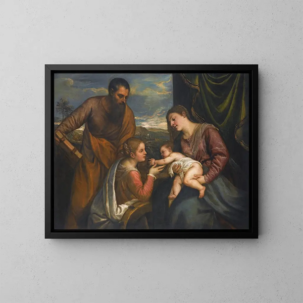 La Vierge à l'Enfant avec les saints Luc et Catherine d'Alexandrie - Titien — indrammet kunstværk på væggen