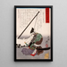 Kat Kazue no kami Kiyomasa knælende ved en banner - Tsukioka Yoshitoshi — indrammet kunstværk på væggen