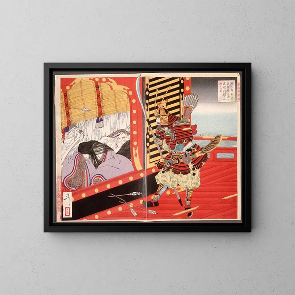 Minamoto no Yoshitsune redder Kenrei Monin under slaget ved Dannoura - Tsukioka Yoshitoshi — indrammet kunstværk på væggen